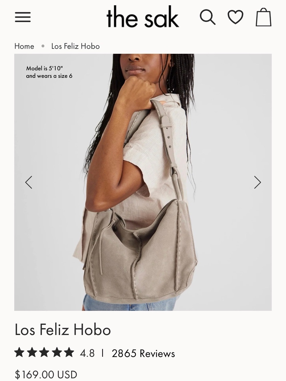 The Sak Los Feliz Hobo Taupe Suede Shoulder Bag with Dark Brown Strap NEW